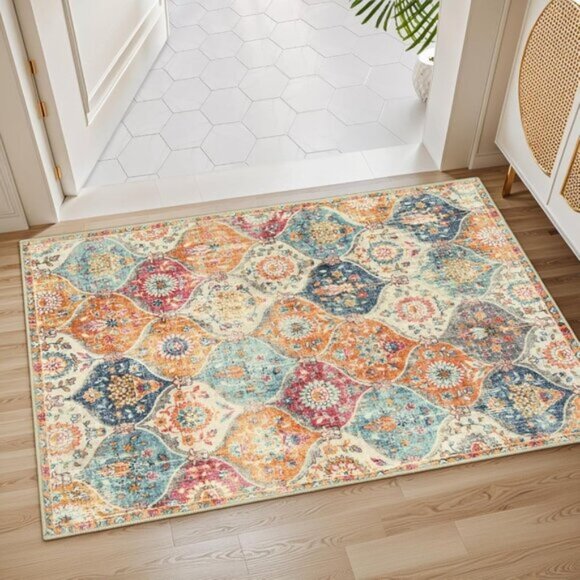 New 2x3 Moroccan Trellis Washable Rug, Non-Slip Ultra-Thin Mat - Cream/Multi